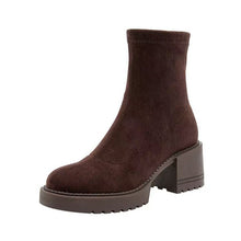 Load image into Gallery viewer, Women's Brown Heeled Ankle Boots – Cutout Back Zipper Mid Heel Booties for Petite Women