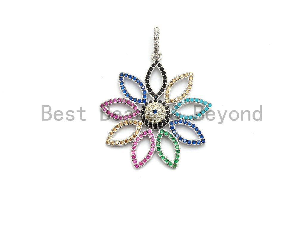 Colorful CZ Micro Pave Sunflower Filigree Pendant ,Gold/Silver/Black/Rose Gold,Cubic Zirconia Jewelry Findings,30x32mm,sku#F697