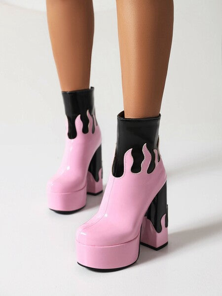 Women's Patent Leather Colorblock Ankle Boots | Chunky Heel Zipper Boots