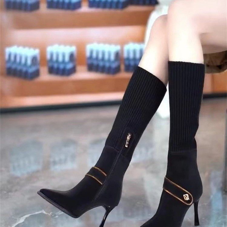 Women's Over-the-Knee Stiletto Boots | Stretchy Knit Pointed Toe Side Zipper
