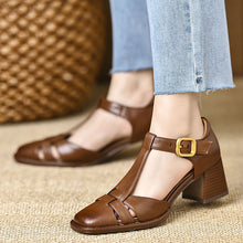 Load image into Gallery viewer, Women's Chunky Heel Peep-Toe Sandals | Hollow-Out Buckle Strap | PU Upper | Sizes 34–40