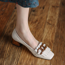 Load image into Gallery viewer, Fringed Chunky Heel Peep-Toe Leather Shoes with Chain Detail - Women's Mid Heel Slip-On Dress Shoes