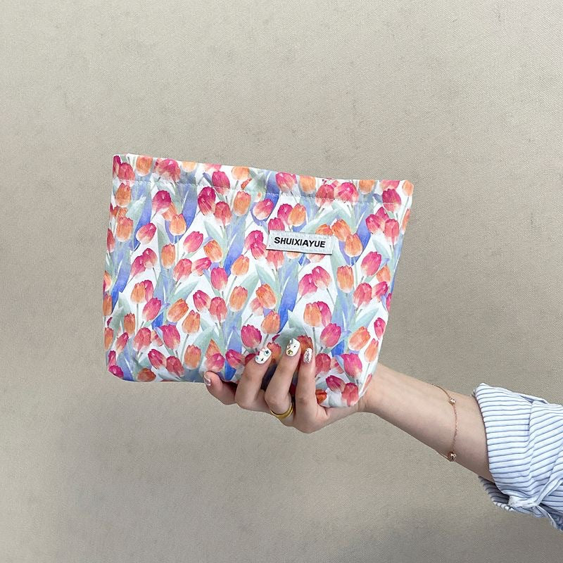 Floral Storage Pouch - Premium Cotton Cosmetic Bag with Nylon Lining