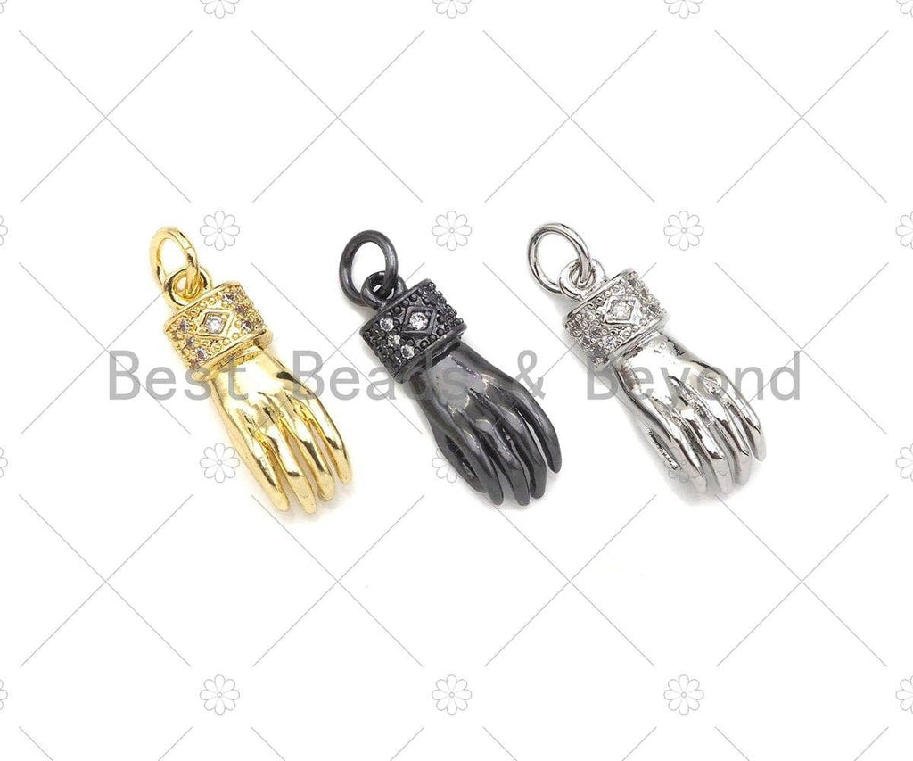 CZ Micro Pave Hand Shape Pendant/Charm,Cubic Zirconia Gold/Silver/Black Charm, Necklace Bracelet Charm Pendant, 6x18mm, Sku#L548