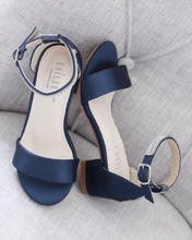 Load image into Gallery viewer, Satin Girls Block Heel Sandals with Mini Rhinestones Embellished Ankle Strap