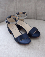 Load image into Gallery viewer, Satin Girls Block Heel Sandals with Mini Rhinestones Embellished Ankle Strap