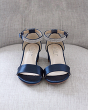 Load image into Gallery viewer, Satin Girls Block Heel Sandals with Mini Rhinestones Embellished Ankle Strap