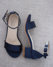 Load image into Gallery viewer, Satin Girls Block Heel Sandals with Mini Rhinestones Embellished Ankle Strap
