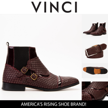 Load image into Gallery viewer, The Orion Burgundy Snakeskin Pattern Leather Double Monk Strap Men Boot