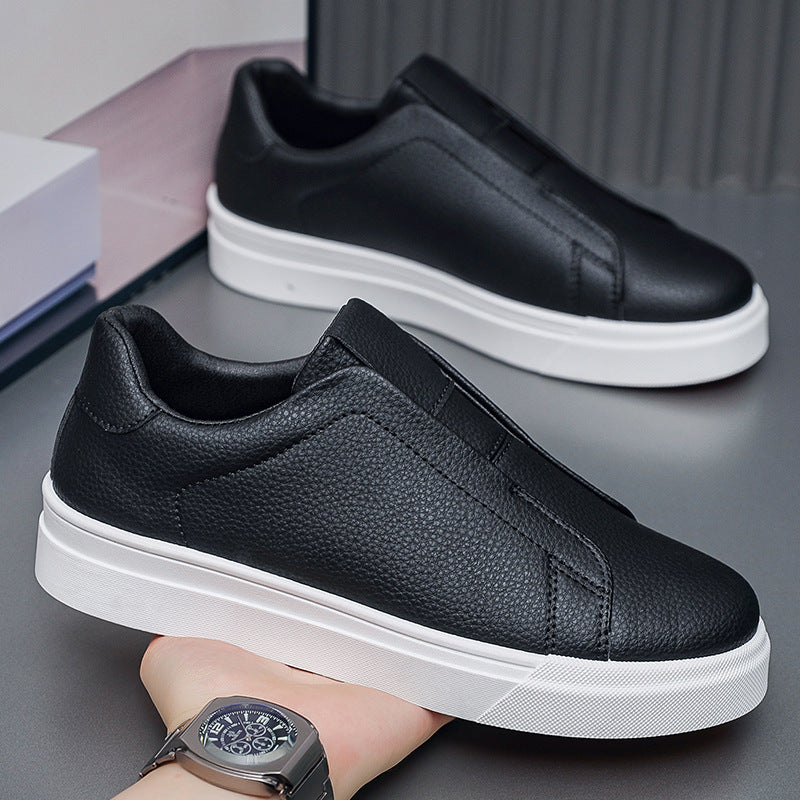 Men's Korean-Style Slip-On Casual Sneakers | PU Leather Round Toe Mid Heel Shoes