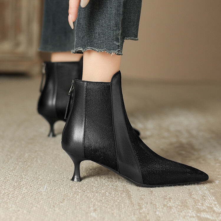 Women's Genuine Leather Stiletto Heel Pointed-Toe Ankle Boots – Back Zipper, Velvet or Single Lining