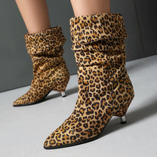 Load image into Gallery viewer, Women's Leopard Print Stiletto Heel Ankle Boots – Pointed Toe, Suede Upper, Turned-Over Cuffs