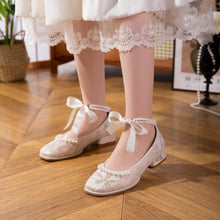 Load image into Gallery viewer, Women's Jacquard Mary Jane Low Heel Shoes | Pearl Ribbon Bow Square Toe Wedding Flats