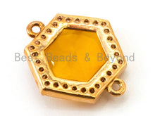 Load image into Gallery viewer, Hexagon Bezel Connector with Faceted Cat's Eye Stone, Gold Plated CZ Micro Pave Frame Connector, Topaz/Blue/White/Pink 14x18mm, sku#A79