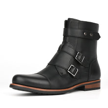 Load image into Gallery viewer, Men's Vintage Denim Boots | Metal Buckle Side-Zip Low Heel – Black &amp; Brown