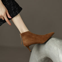 Load image into Gallery viewer, Women's Stiletto Heel Elastic Ankle Boots - Round Toe Back Zipper Suede Boots