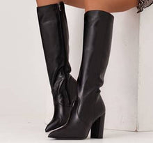 Load image into Gallery viewer, Women's Thigh High Boots – Pointed Toe Chunky Heel Side Zip | Brown &amp; Black | Sizes 34–43