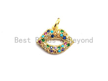 Load image into Gallery viewer, CZ Colorful Micro Pave Lip Charm, Lip Shaped Pave Pendant, Gold plated, 12x15mm, Sku#F750