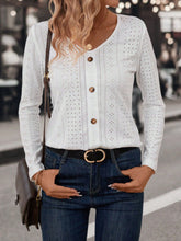 Load image into Gallery viewer, White V-neck Long-Sleeve Buttoned Hollow-Out Casual Shirt