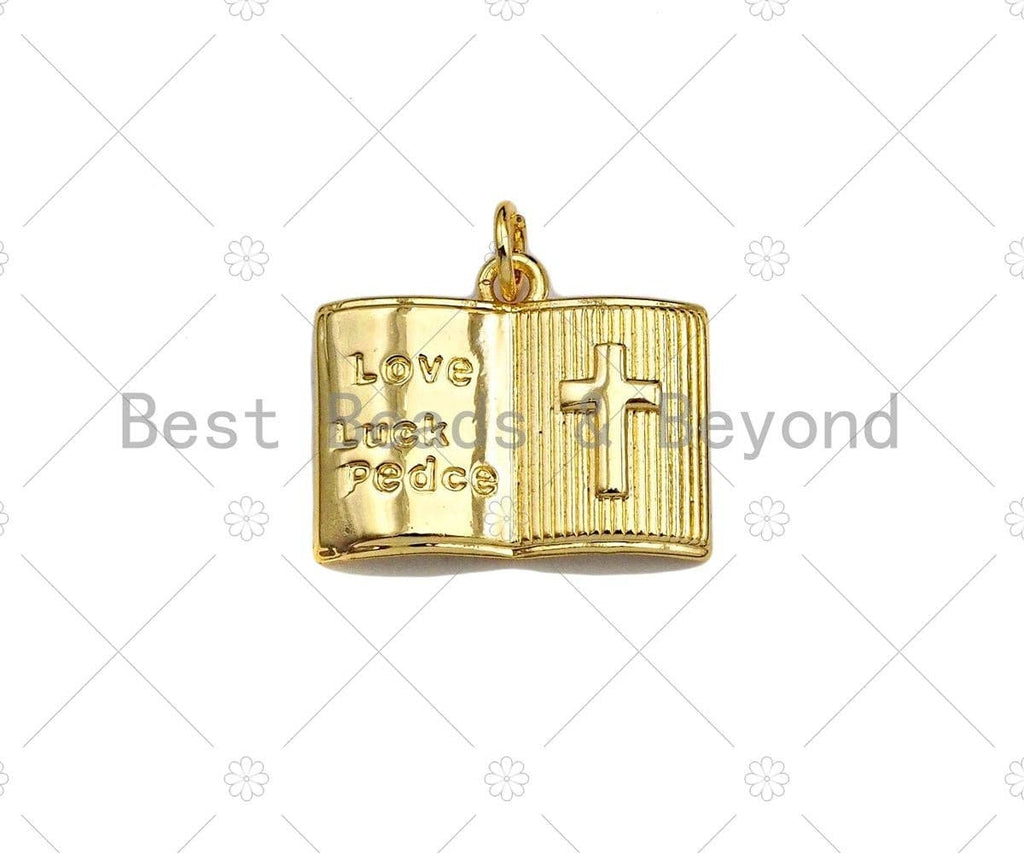 18K Dainty Gold Love Luck Cross On Book Shape Pendant/Charm,Book Medallion Charm, Necklace Bracelet Charm Pendant,20x16mm, Sku#LK255