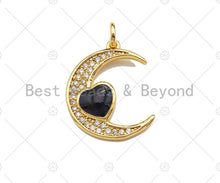 Load image into Gallery viewer, CZ Micro Pave Enamel Heart With Cresent Moon Pendant/Charm, White Pink Black Enamel Charm, Necklace Bracelet Charm Pendant,15x20mm, Sku#L479C