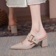 Load image into Gallery viewer, Women's Korean-Style Pointed Toe Chunky Heel Slippers | Microfiber Leather Slip-On Shoes