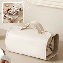 Load image into Gallery viewer, Women's Foldable Travel Cosmetic Bag – Large Capacity Waterproof PU Leather Makeup Organizer with Handle | Beige &amp; Brown
