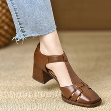 Load image into Gallery viewer, Women's Chunky Heel Peep-Toe Sandals | Hollow-Out Buckle Strap | PU Upper | Sizes 34–40