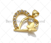 Load image into Gallery viewer, 18K Gold Butterfly On Heart Shape Pendant,Heart Charm, Heart Pave Pendant, Gold plated, 19x22mm, Sku#LK52