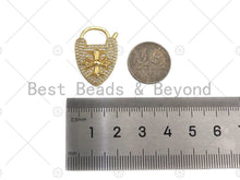 Load image into Gallery viewer, 18K Gold Cross On Heart Fancy Lock Clasp, CZ Micro Pave Lock
