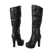 Load image into Gallery viewer, Women's Black Chunky Heel Over-the-Knee Boots - Waterproof Platform High Boots with Side Zipper