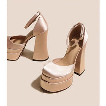 Load image into Gallery viewer, Women's Mary Jane Platform Heels - Chunky Heel Satin Pumps with Rhinestone Strap