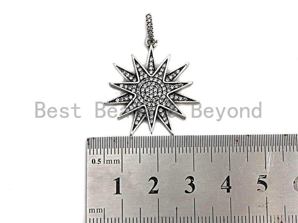 CZ Micro Pave North Star Pendant, Antique Silver Tone,  27x29mm,sku#F997C