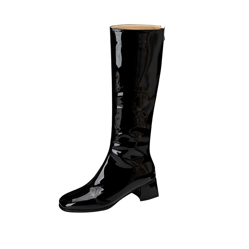 Women's Chunky Heel Square Toe Over-the-Knee Boots – PU Leather Back Zipper Thigh High Boots