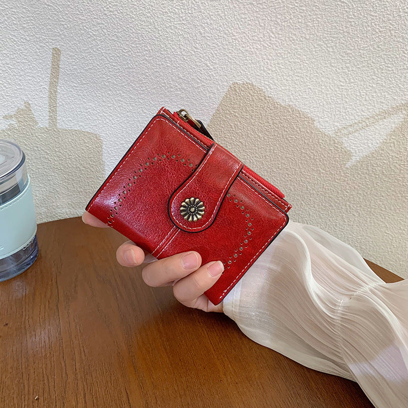 Women's Vintage Oil Leather Wallet - Floral Embossed Short Bifold with RFID Protection