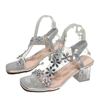 Load image into Gallery viewer, Women's Flower Transparent Square Heel Sandals | Summer Square Toe High Heels | Off-White Silver Gold Black | Sizes 35-42