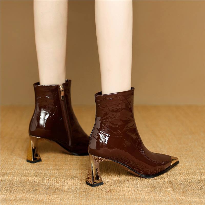 Wine-Red Patent Leather Pointed-Toe Ankle Boots for Women - Stiletto Heel Winter Boots
