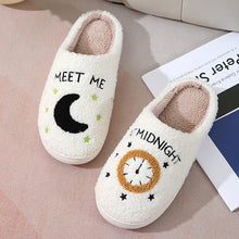 Load image into Gallery viewer, Women's Moon &amp; Clock Print Plush Slippers | Warm Anti-Slip Floor Bedroom House Shoes