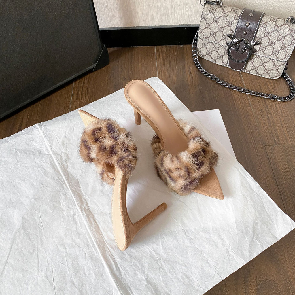 Pointed-Toe High-Heel Plush Slippers