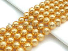 Load image into Gallery viewer, Quality Gold Mother of Pearl beads, 8mm/10mm/12mm Pearl Faceted Round beads, Golden Loose Faceted Pearl Shell Beads, 15.5inch strand, T153