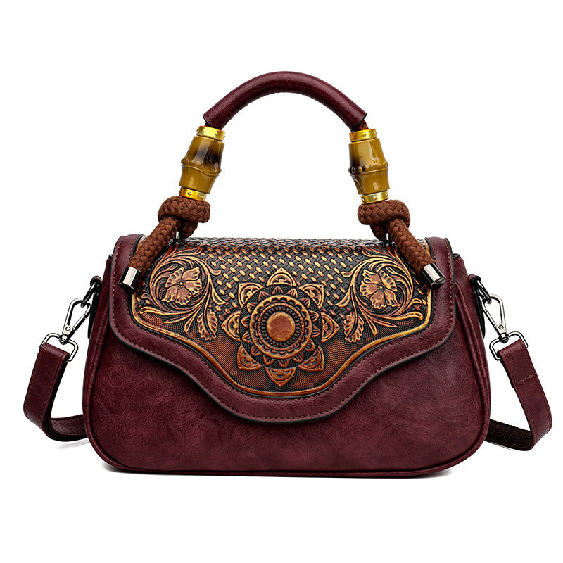 Handcrafted Leather-Embossed Retro Crossbody Bag - Floral Design Women's Shoulder Bag