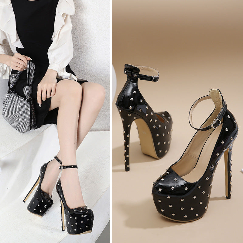 Black Studded Stiletto Pumps - Women's Super High Heel Pointed Toe Dress Shoes