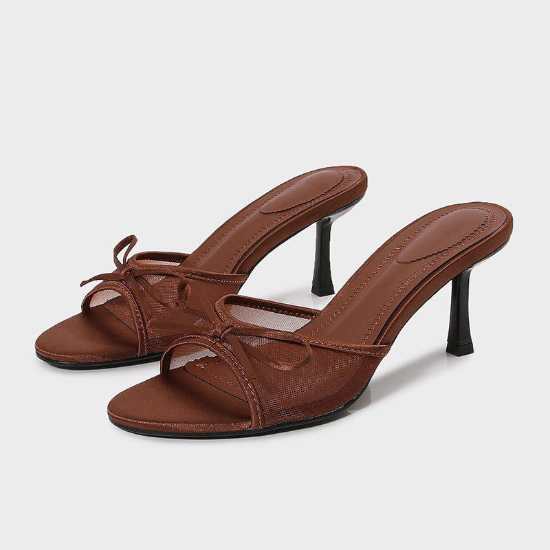 Women's Brown Mesh Bow Sandals - 6cm High Heel Round Toe Slip-On Shoes