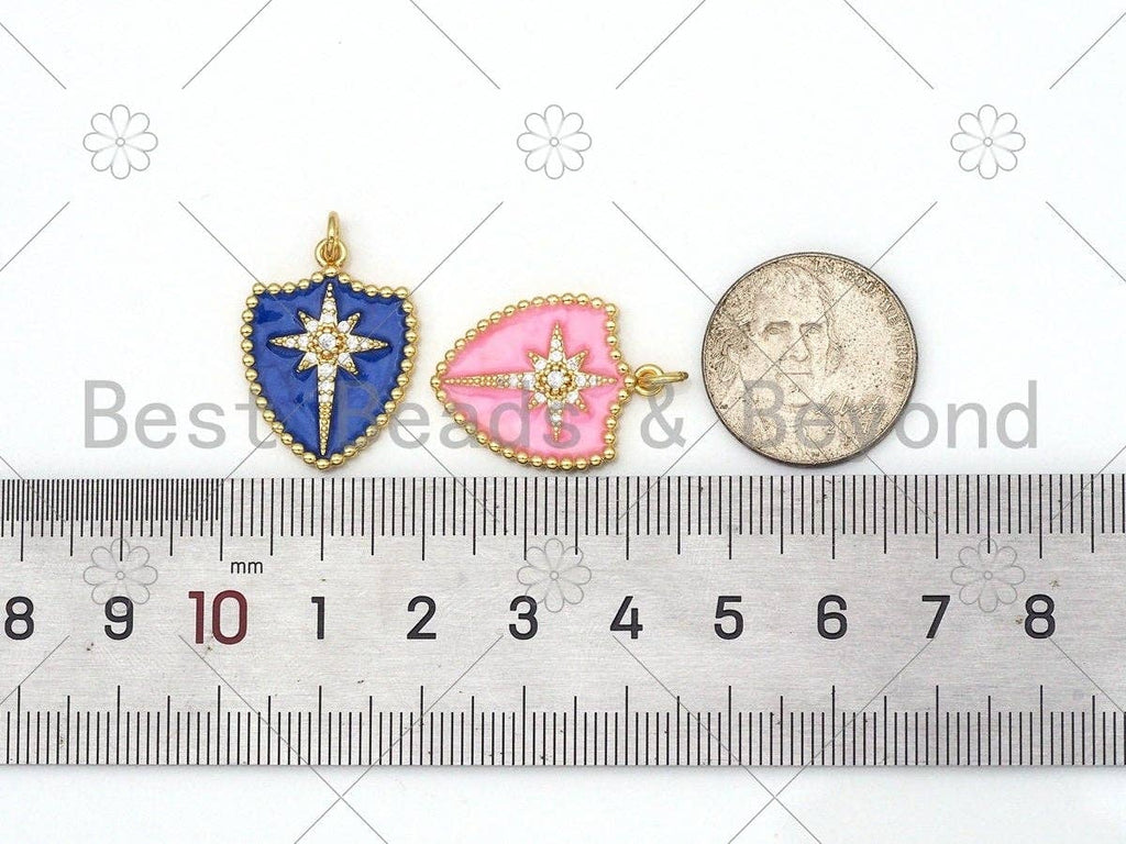 Micro Pave CZ North Star On Colorful Enamel Shield Shape Pendant,18K Gold Field Enamel CZ Star Charm,Enamel Jewelry,24x18mm,Sku#L591