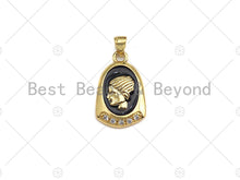 Load image into Gallery viewer, CZ Pave Black/White Enamel Medallion Lady Pendant Charm, Gold Oval Coin Charm, Greek Coin Medallion, sku#LK02