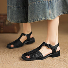 Load image into Gallery viewer, Women's Woven T-Strap Block Heel Sandals | Oiled Cowhide Square-Toe