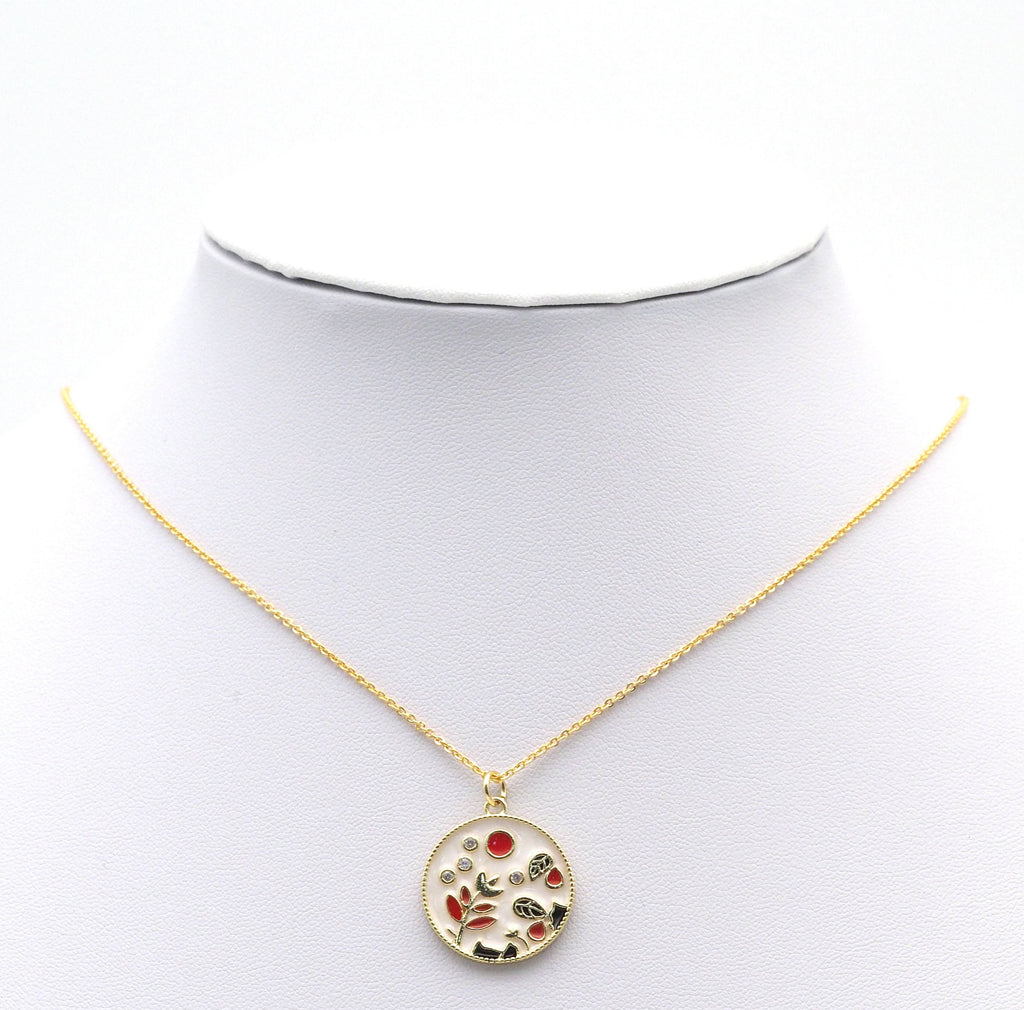 CZ Gold Enamel Flower bee Mountain Round Coin Charm, Sku#LX149