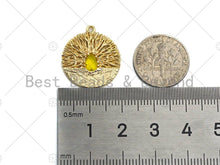 Load image into Gallery viewer, Filigree Round Gold Lacy Charm with Centered Colored Gemstone, Brushed Gold Charm, Twisted Wire Pendant, 19mm, sku#CP15