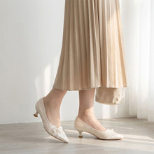 Load image into Gallery viewer, Women's Jacquard Pointed-Toe Kitten Heel Pumps | Floral Pearl Satin Dress Shoes