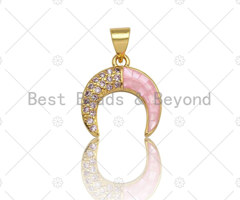 Pink Pendant/Charm, Pink Mother-of-pearl Horn Pendant, Cubic Zirconia Pendant, Gold Tone, 15x16mm, Sku#LK70